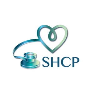 The Smarter Healthcare Partners logo features a stethoscope that terminates at the top in a heart where the ear tips would normally be. The heart, tubing, and chest piece are a shiny metallic ombre from dark teal in the bottom left to a light seafoam in the top right. Next to the chest piece are the letters SHCP in a dark teal sans serif humanist font.