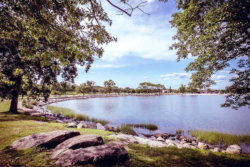 A photograph to represent Connecticut, featuring deciduous trees and small boulders nestled in grass along the bank of a lake.